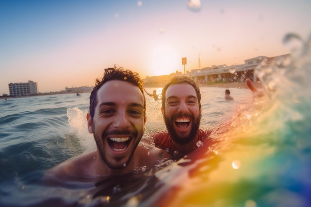 Una pareja feliz nadando en el desfile del orgullo LGBTQ en Tel Aviv Israel Celebración del mes del orgullo de Israel