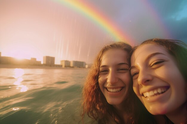 Una pareja feliz nadando en el desfile del orgullo LGBTQ en Tel Aviv Israel Mes del orgullo de Tel Aviv Israel