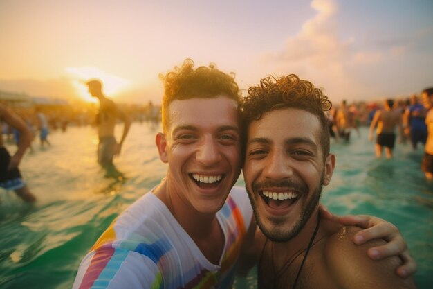 Una pareja feliz nadando en el desfile del orgullo LGBTQ en Tel Aviv Israel Mes del orgullo de Tel Aviv Israel