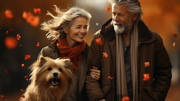 Una pareja feliz en el parque de otoño.