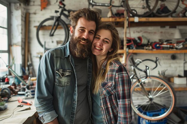 Una pareja feliz de pie en un acogedor taller lleno de herramientas y bicicletas Escena casual y cálida perfecta para temas de estilo de vida o DIY Esta es una obra de arte digital generativa IA generativa