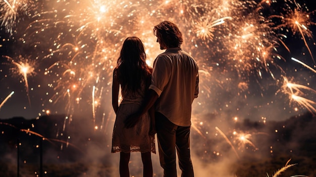 Una pareja feliz en la playa disfrutando del concepto de fuegos artificiales del feliz día de Año Nuevo