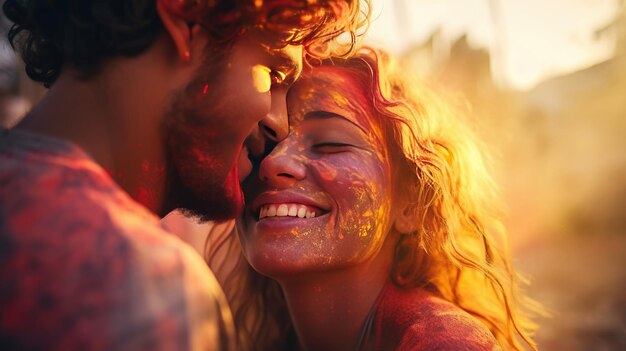 Una pareja feliz se pone pintura en la cara durante la celebración de Holi, el festival indio de Holi.