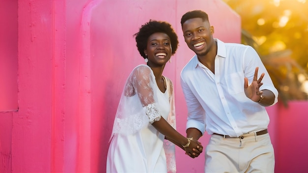 Una pareja feliz posando contra la pared rosa.