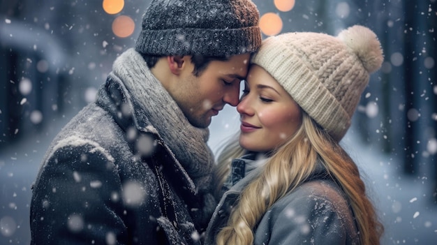 Pareja feliz posando en la nieve en un día de invierno