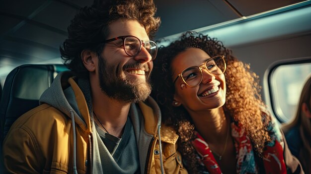 Una pareja feliz que representa la diversidad se sienta en un transporte y sonríe mientras viajan