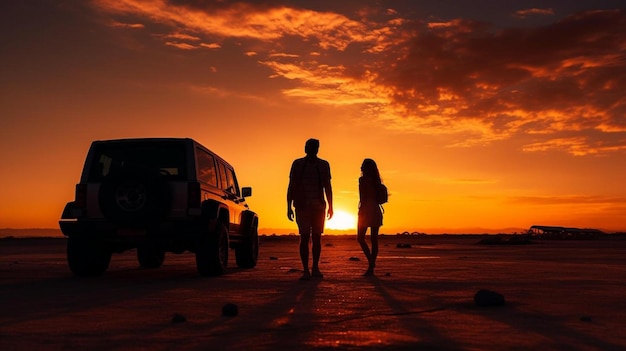 pareja feliz relajándose junto a su coche SUV durante el viaje por carretera de luna de miel al atardecer joven hombre y mujer