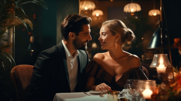 Una pareja feliz en un restaurante.