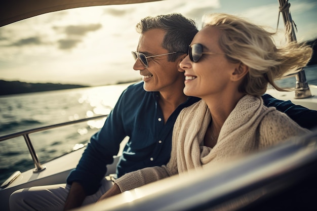 Una pareja feliz riendo en un yate en verano