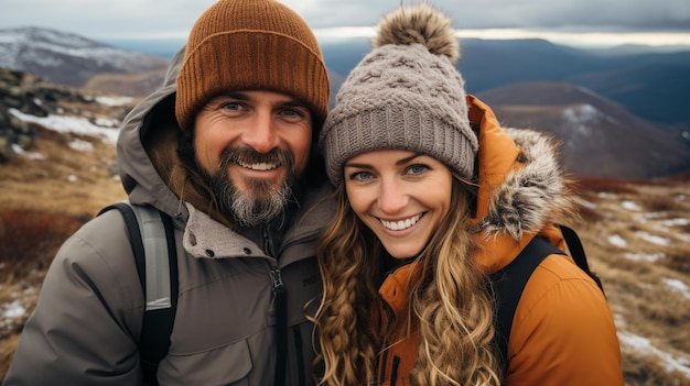 pareja feliz en ropa de invierno haciendo selfies con su hermoso paisaje de montaña