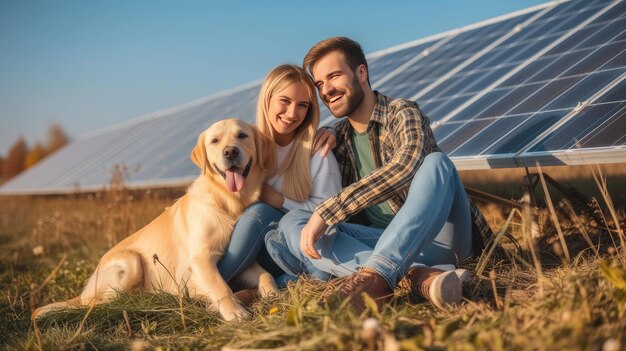 una pareja feliz sentada junto a un panel solar con su amado perro mientras capturan una foto memorable juntos simbolizando su compromiso con la sostenibilidad y el amor por su compañero peludo