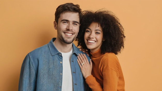 Una pareja feliz y sonriente aislada en un estudio blanco.