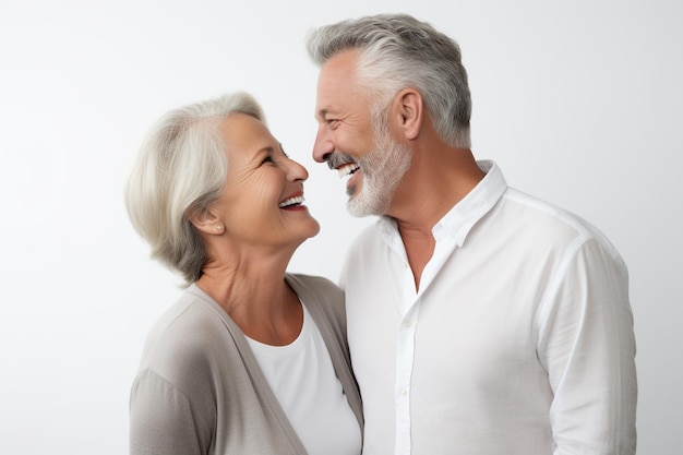 Pareja feliz en sus 60 años sonriendo mirándose el uno al otro con fondo blanco