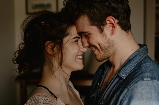 Una pareja feliz tocando la frente en casa.