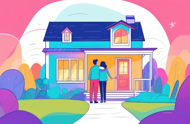 una pareja feliz tomándose de la mano mirando una casa recién construida en una ilustración plana de la vista trasera