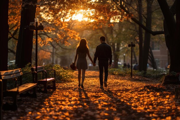 Una pareja feliz tomándose de la mano en un paseo romántico por el parque generativo IA