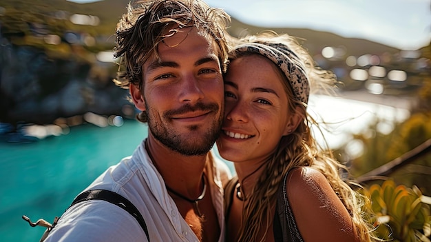 Una pareja feliz tomándose una selfie en unas vacaciones en la costa soleada