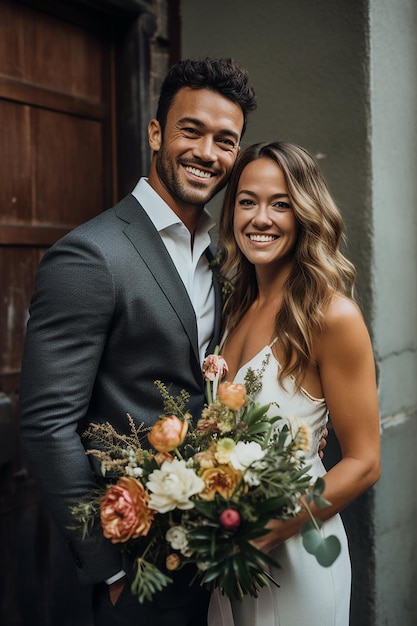 Una pareja feliz en trajes de boda con un ramo