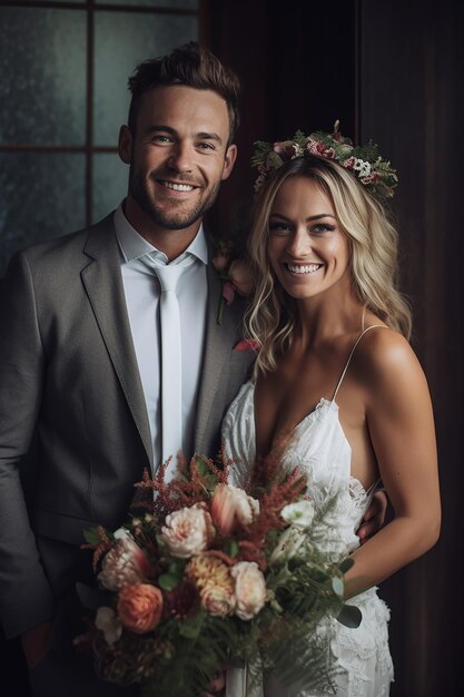 Una pareja feliz en trajes de boda sonriendo con un ramo