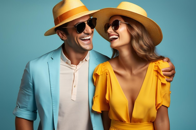 Una pareja feliz con trajes elegantes con sombrero y gafas de sol