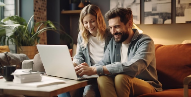 Pareja feliz usando computadora portátil sentada en el sofá