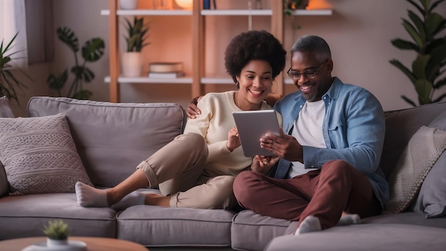 Una pareja feliz usando una tableta digital mientras se relaja en la sala de estar