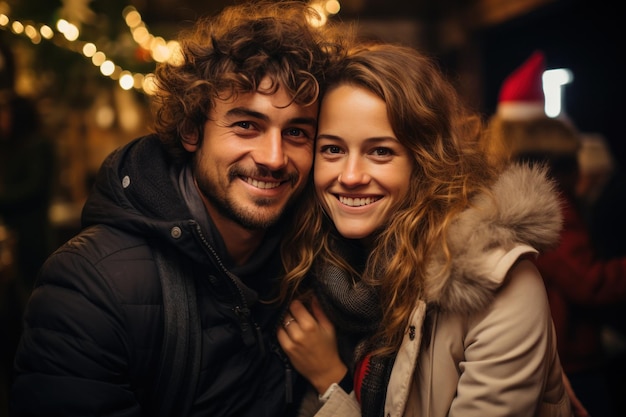 Una pareja feliz vestida de fiesta se divierte en la fiesta de Navidad