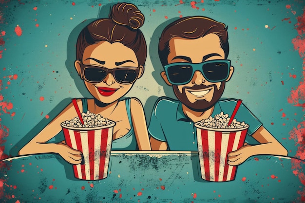 Foto una pareja feliz viendo una película en un cine un hombre y una mujer jóvenes con tazas de papel de palomitas de maíz riendo y divirtiéndose ilustración de dibujos animados plana