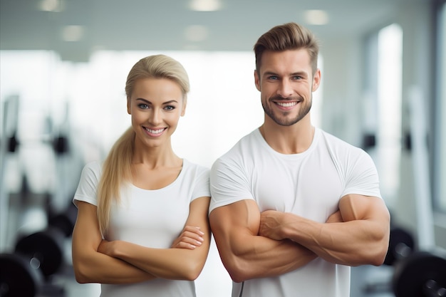 Foto una pareja en forma y feliz flexionando los músculos en el gimnasio con coloridos fondos de copia de espacio disponible