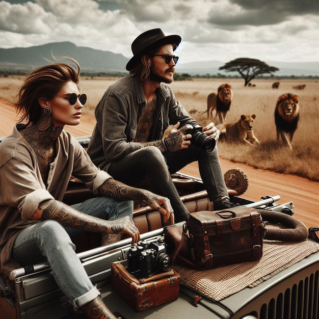 Foto una pareja de fotógrafos, reporteros freelance viajan a áfrica en un jeep vintage, fotografían el atardecer de un león en un lago.