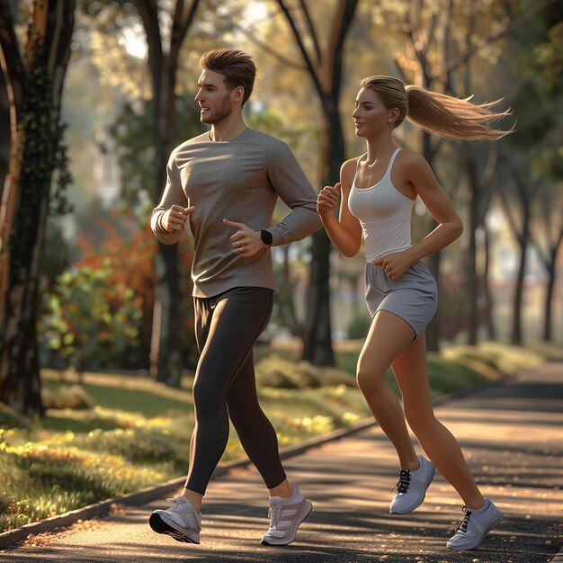 Una pareja de fotos renderizadas en 3D está corriendo en el parque al mediodía en una foto de un día de verano para una revista