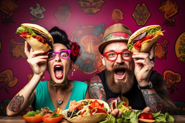 Foto pareja de frente con deliciosos tacos