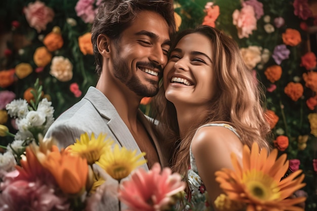 Una pareja frente a un muro de flores.