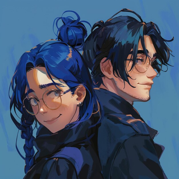 una pareja con gafas y cabello azul