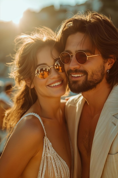 Una pareja con gafas de sol abrazándose y riéndose en colores pastel con el telón de fondo de los rascacielos