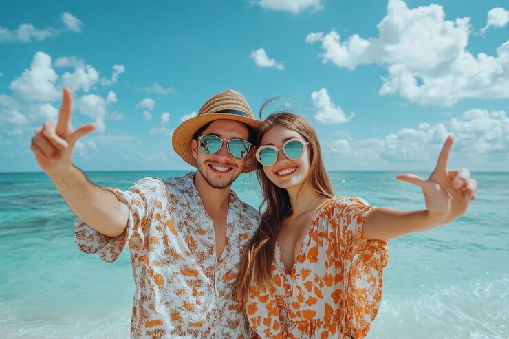 una pareja con gafas de sol posan para una foto en la playa