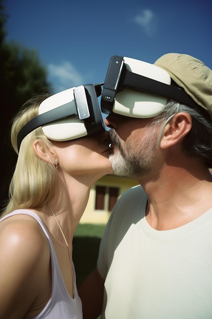 Una pareja con gafas vr besándose frente a una casa