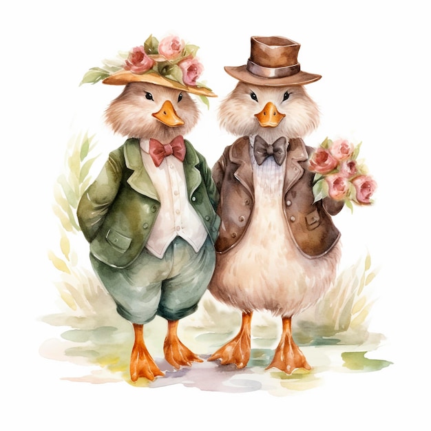 Pareja de gansos enamorados Ganso amor Dulce acuarela ilustración Aves de granja