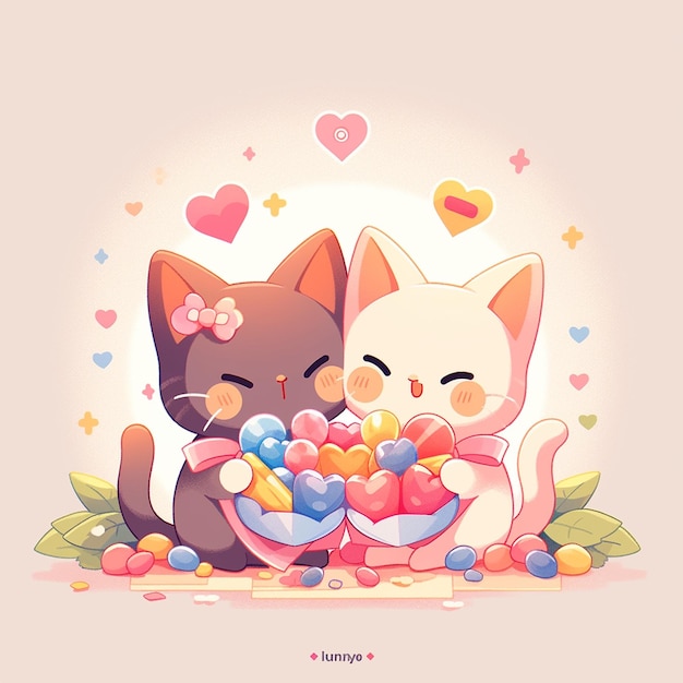 Foto una pareja de gatos con caramelos.