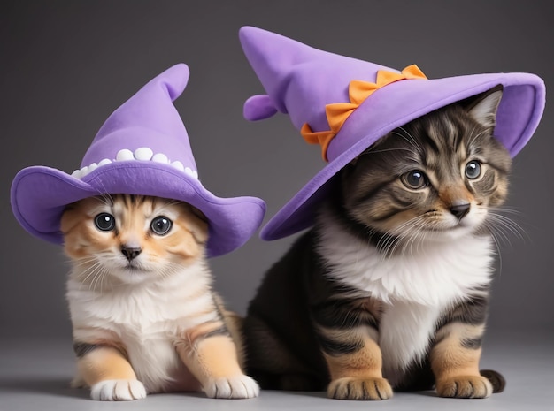 La pareja de gatos de Halloween encantados con sombreros púrpuras brillantes