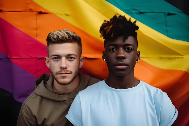 Foto una pareja gay con una bandera arcoiris el concepto de lgbtq