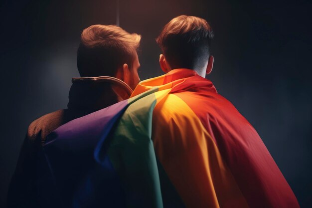 Foto pareja gay con bandera de orgullo generada por la ia