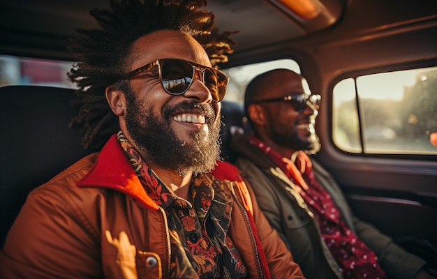 Foto una pareja gay en el coche sonriendo