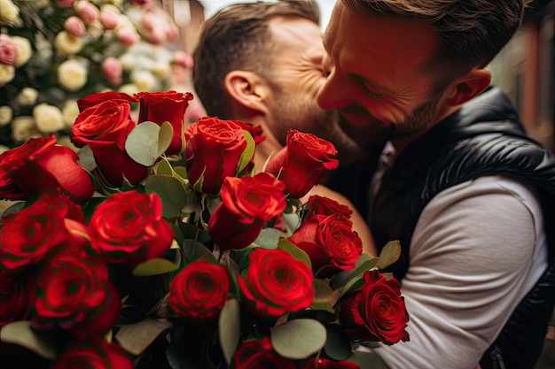 una pareja gay feliz abrazándose mientras sostiene un ramo de rosas rojas en la calle durante el Día de San Valentín