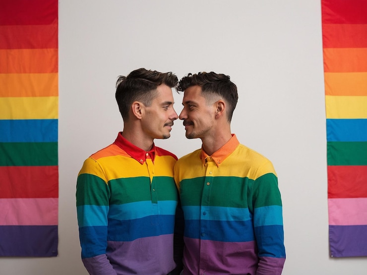 Foto una pareja gay feliz con trajes de arco iris en la celebración del orgullo lgbtq
