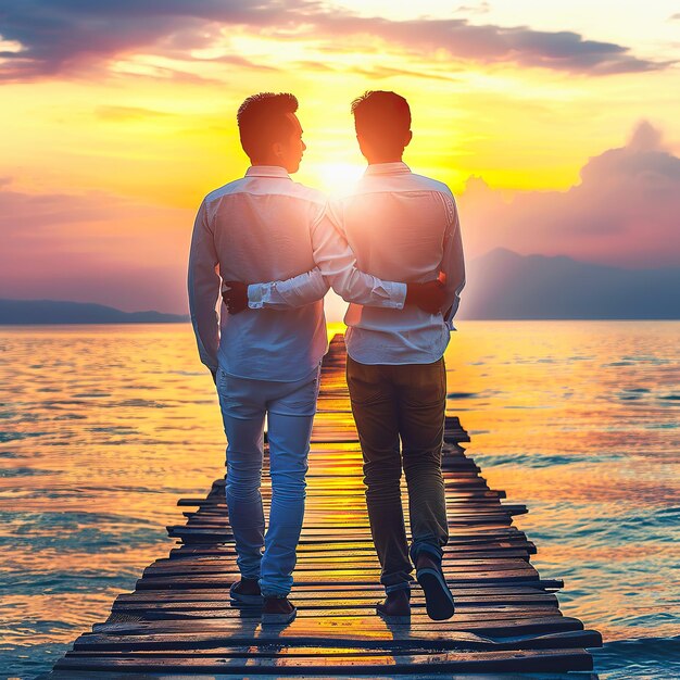 Pareja gay guapa en el fondo de la playa Pareja gay joven y atractiva Amor y relaciones