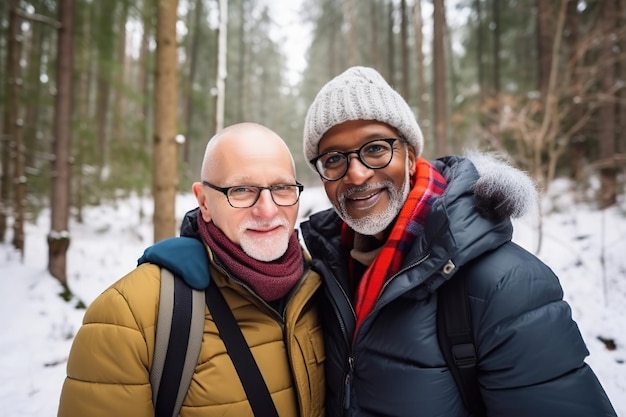 Pareja gay interracial jubilada activa haciendo senderismo en el bosque temporada de invierno al aire libre IA generativa