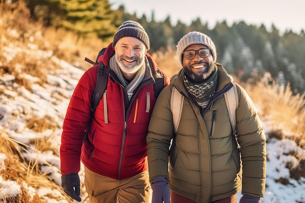 Pareja gay interracial de mediana edad activa senderismo al aire libre temporada de invierno