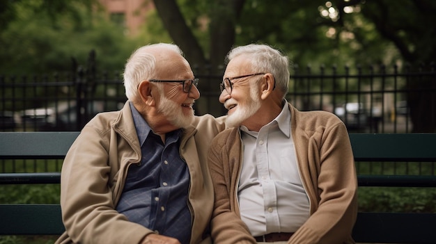 Una pareja gay mayor sentada en un banco del parque Imagen generativa de IA