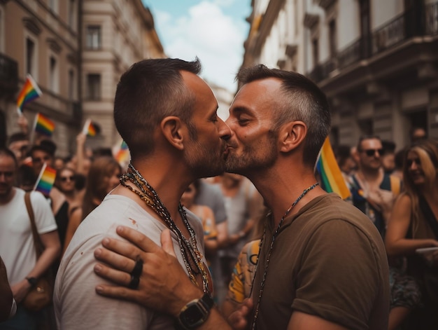 Pareja gay mostrando amor en el desfile del orgullo LGBT Concepto de derechos LGBT generado por IA